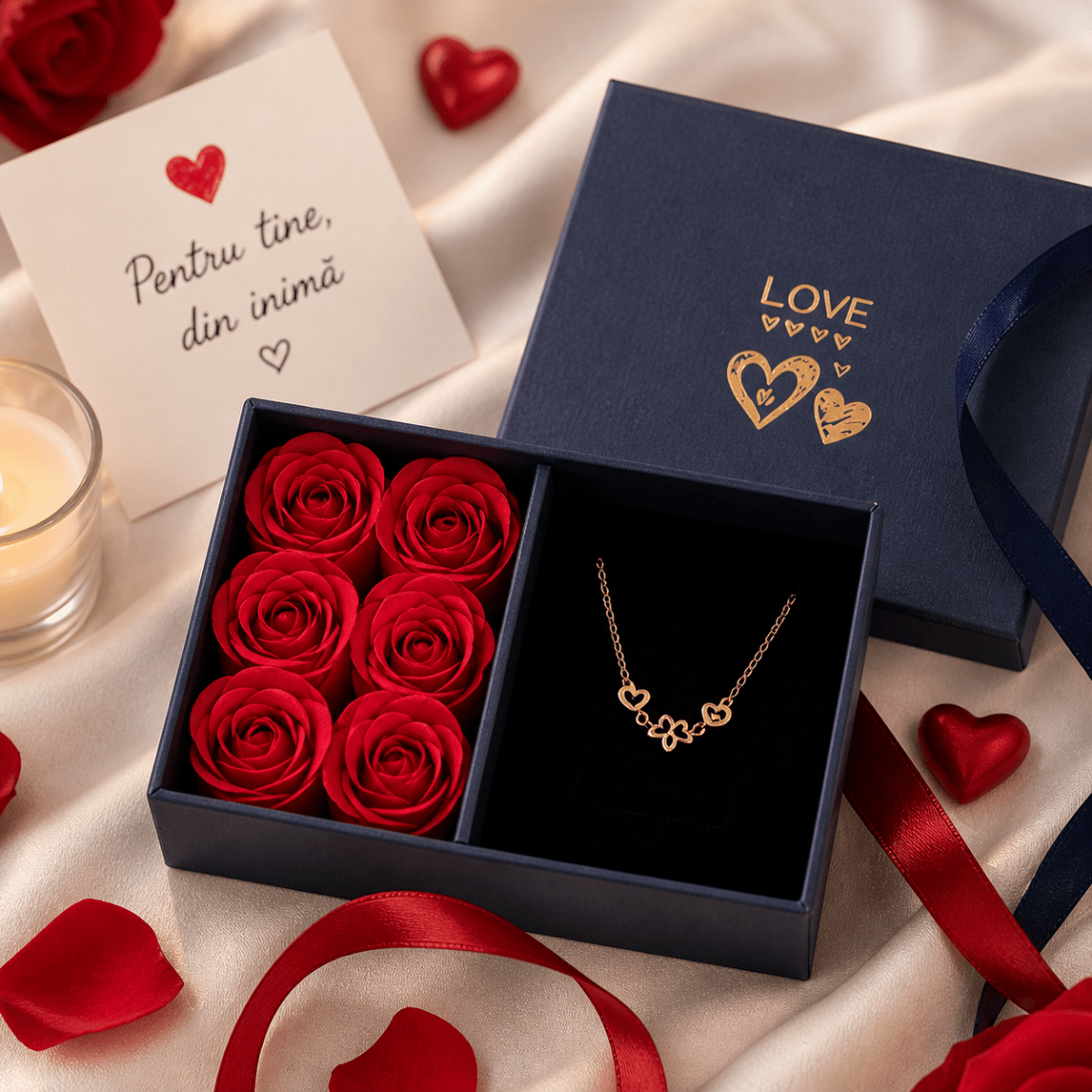 Colier Trifoi Inimă cu Cutie Cadou și 6 Trandafiri - Aura Store - Reduceri Online România, Colier Trifoi Inimă cu Cutie Cadou și 6 Trandafiri - Incaltaminte Online