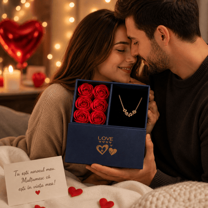 Colier Trifoi Inimă cu Cutie Cadou și 6 Trandafiri - Aura Store - Reduceri Online România, Colier Trifoi Inimă cu Cutie Cadou și 6 Trandafiri - Incaltaminte Online