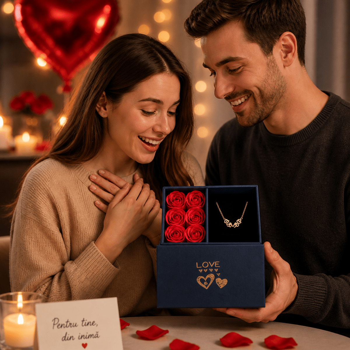 Colier Trifoi Inimă cu Cutie Cadou și 6 Trandafiri - Aura Store - Reduceri Online România, Colier Trifoi Inimă cu Cutie Cadou și 6 Trandafiri - Incaltaminte Online